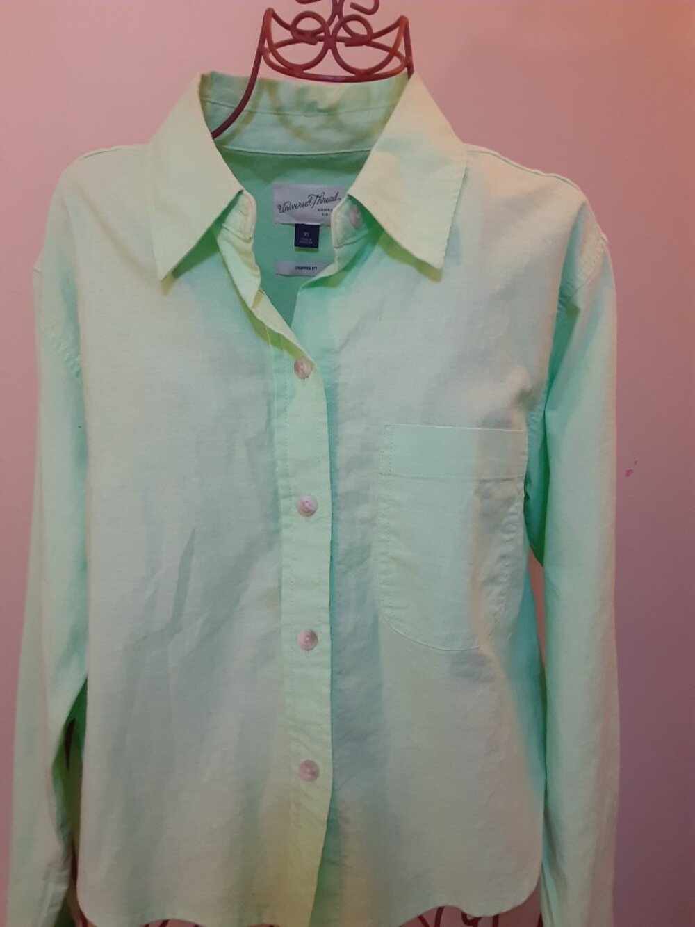 Universal Thread Co lime green cropped fit Long sleeved collared shirt XS - Picture 3 of 15